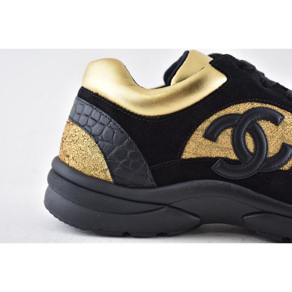 Chanel 19A Mens Black Gold Croc Suede CC Logo Low Top Trainer Sneaker 44 11 - Picture 3 of 14
